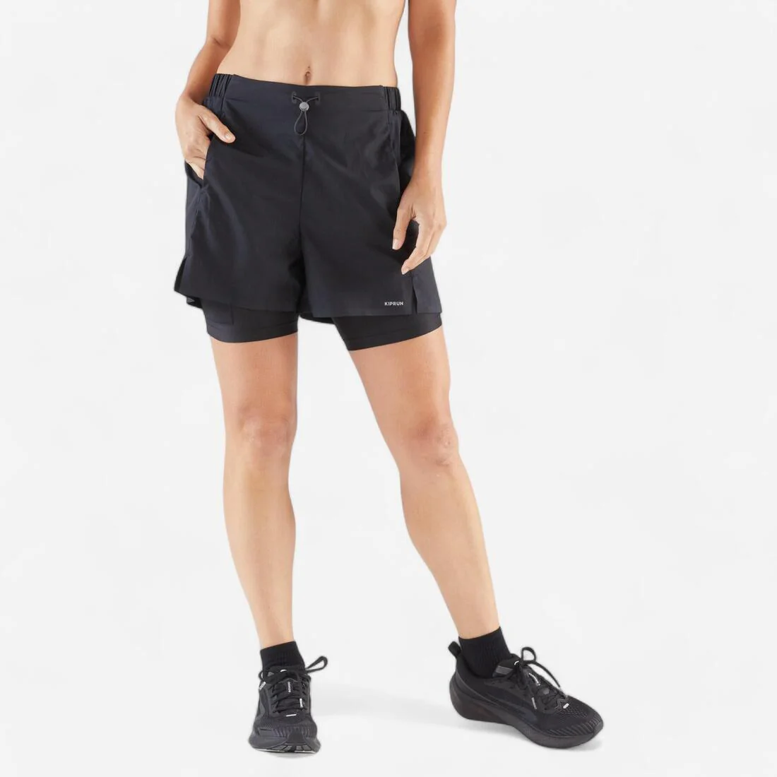 Short de running 2 en 1 transpirable negro para mujer Kiprun Run Dry 500