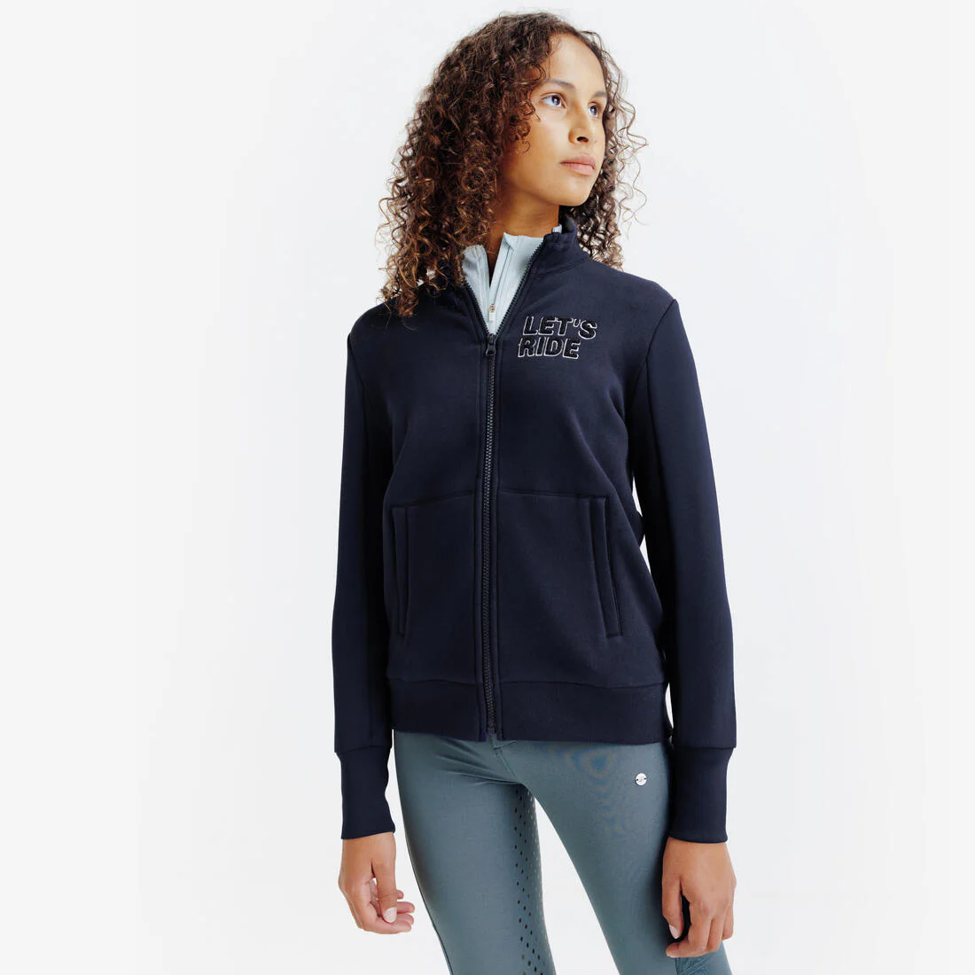 Sudadera de equitación con cierre azul marino para niños 500