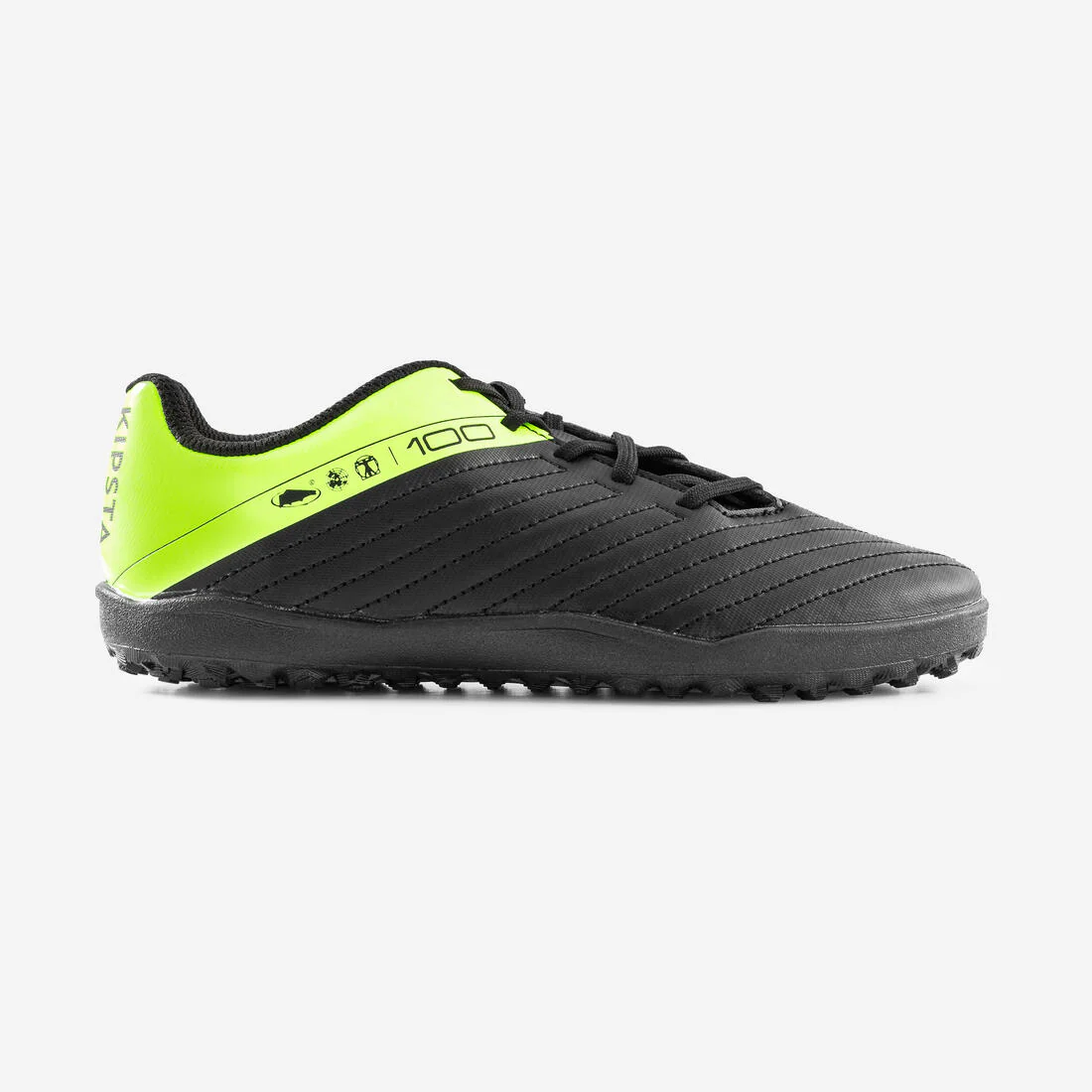TENIS DE FÚTBOL CON AGUJETAS PARA NIÑO 100 TURF TF NEGRO Y AMARILLO