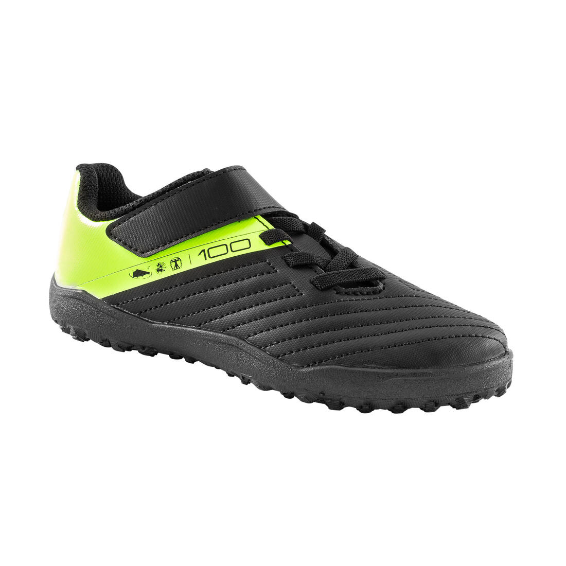 Tenis de fútbol con tira adherente negros y amarillos niño 100 Easy Turf TF