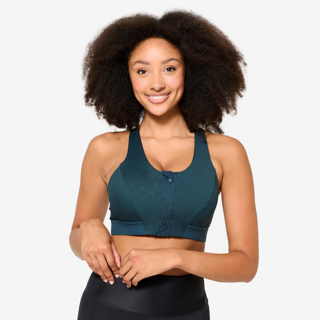 Top fitness Mujer Negro Acanalado Cierre Sujeción Moderada - Image 3