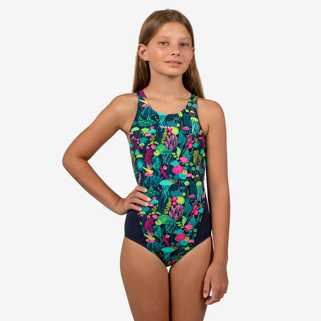 Traje de baño de natación azul con rosa para niña 500 Kamiye Alg - Image 3