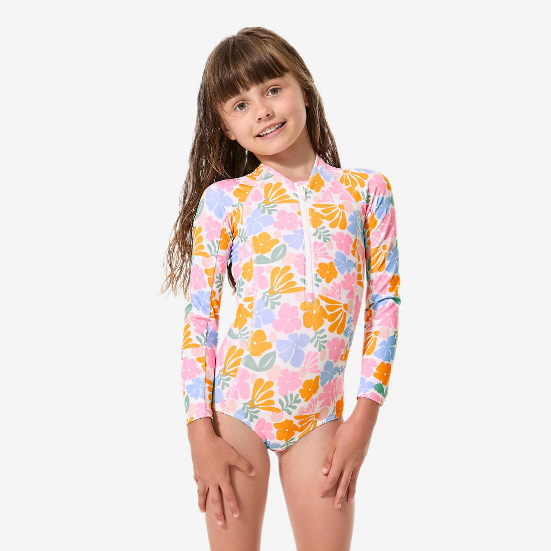 Traje de baño de surf anti-UV de manga larga blanco para niña Loulou Vahiné