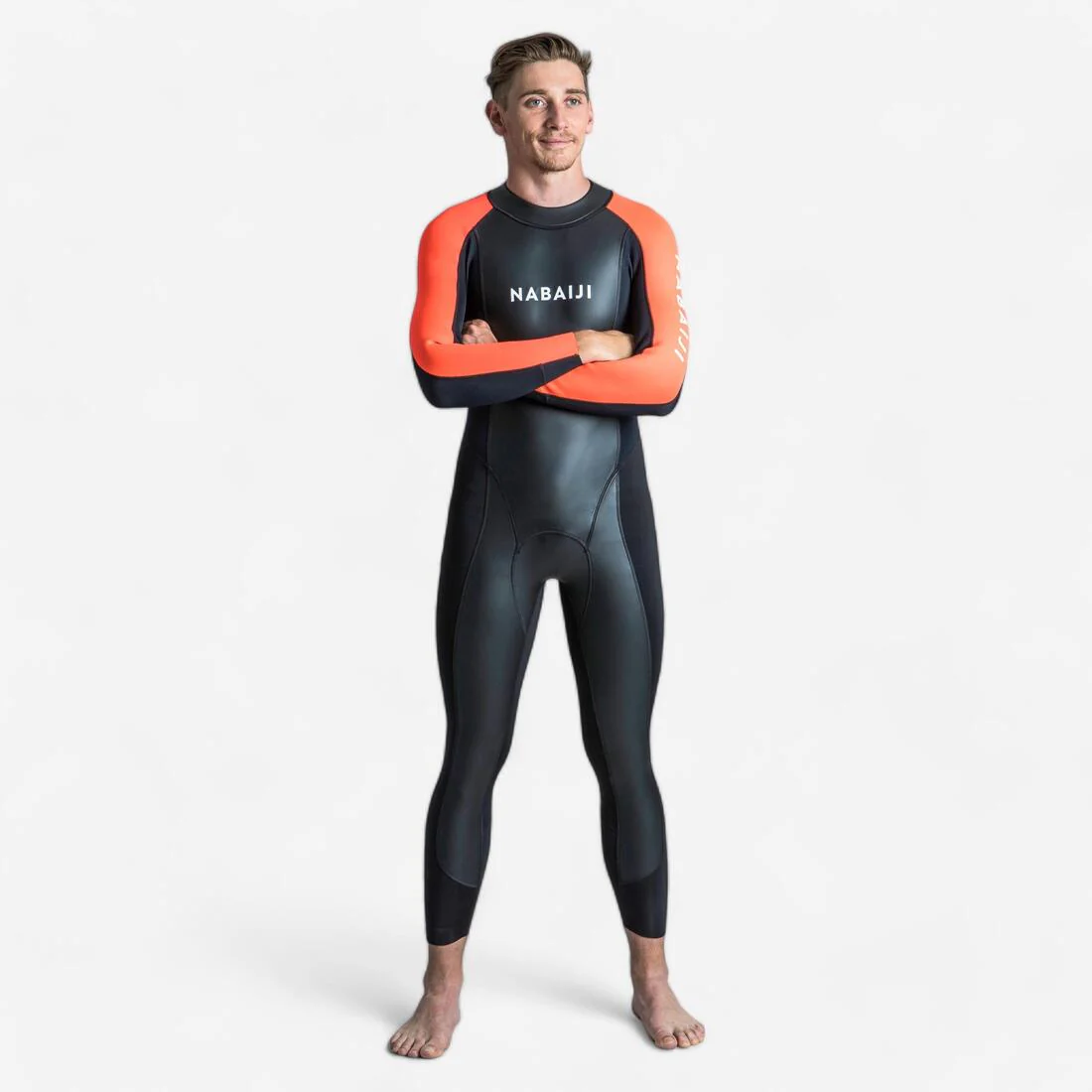Traje de neopreno de natación en mar abierto negro con naranja para hombre 100