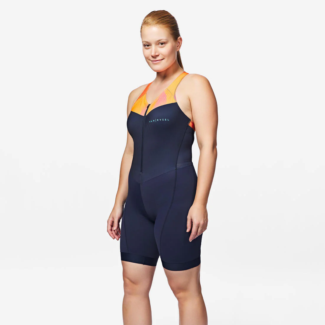 Trisuit de triatlón de corta distancia azul marino con naranja para mujer