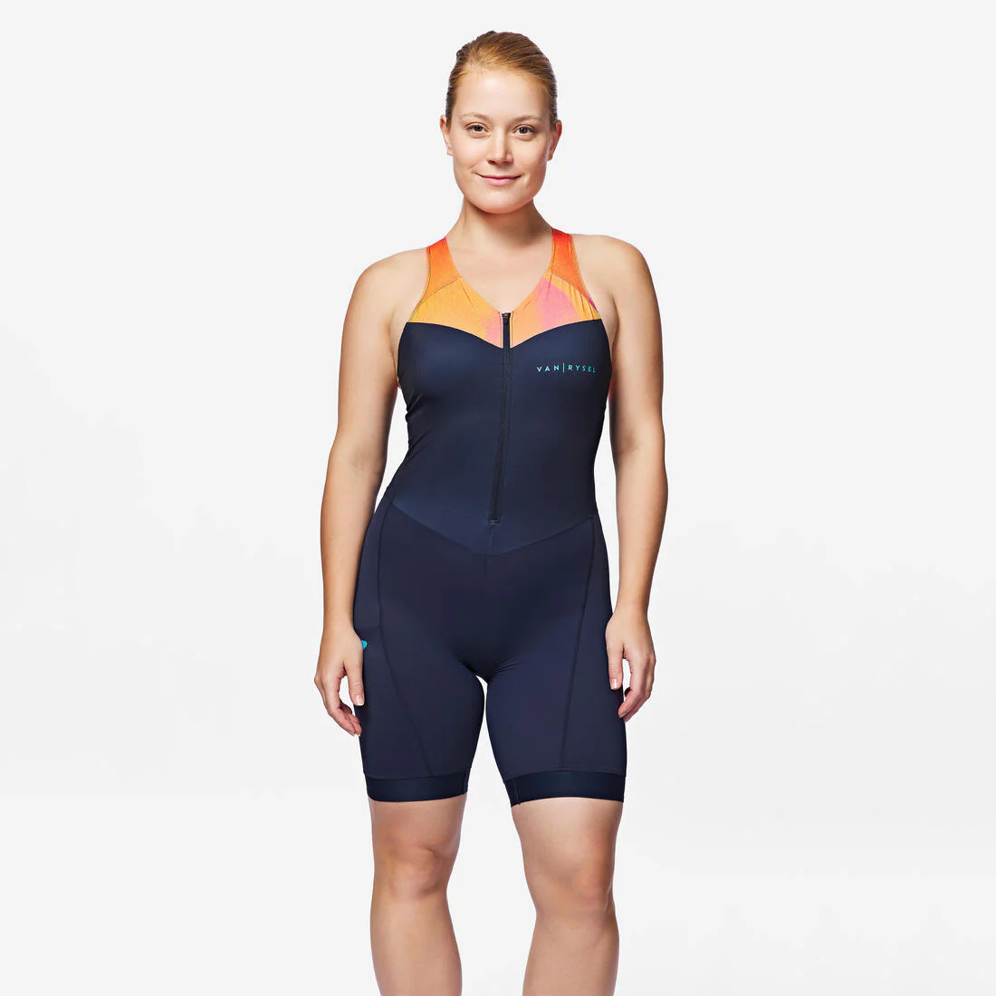 Trisuit de triatlón de corta distancia azul marino con naranja para mujer - Image 2