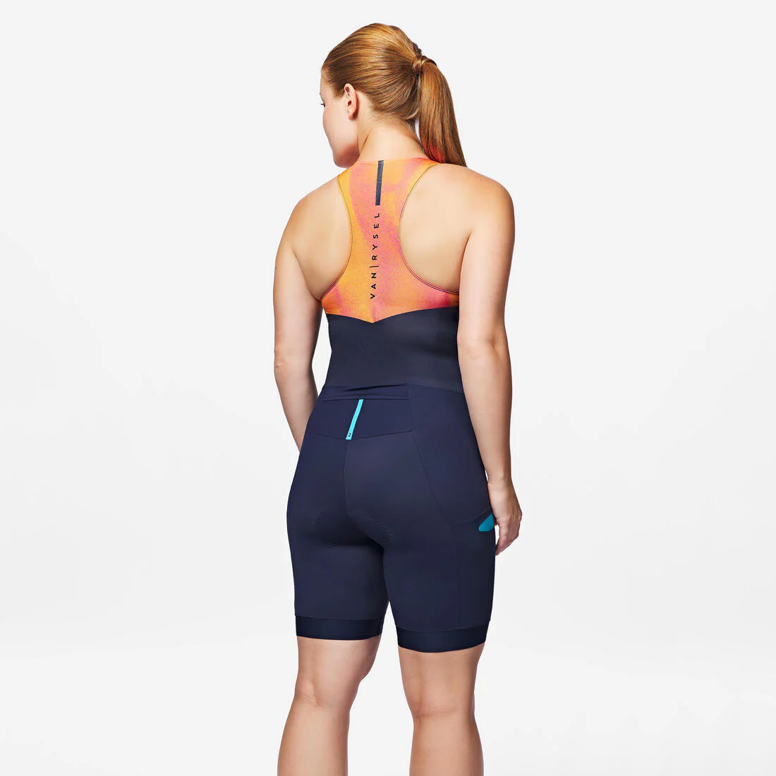 Trisuit de triatlón de corta distancia azul marino con naranja para mujer - Image 3