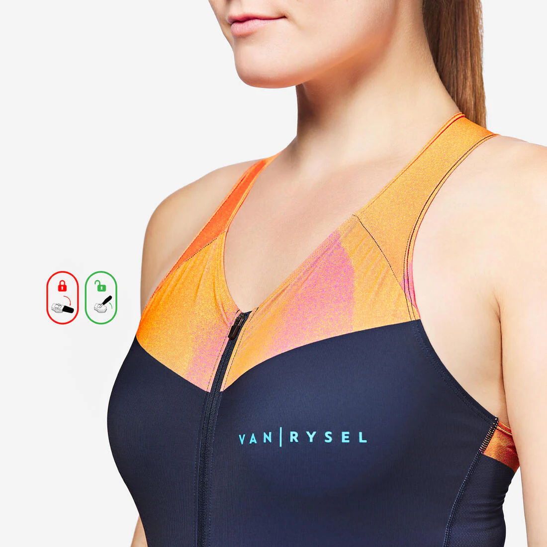 Trisuit de triatlón de corta distancia azul marino con naranja para mujer - Image 4